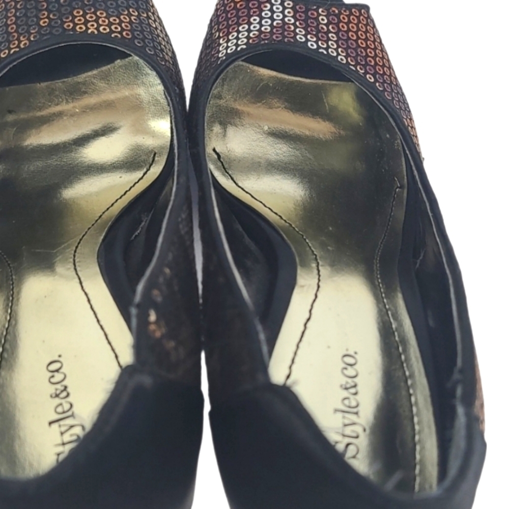 Leopard Gold Bronze Satin Black Peep Toe Stiletto High Heel Shoes, Size 5 - Picture 5 of 8